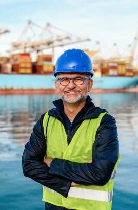 Shot of man reading paperwork while standing on a large commercial dock