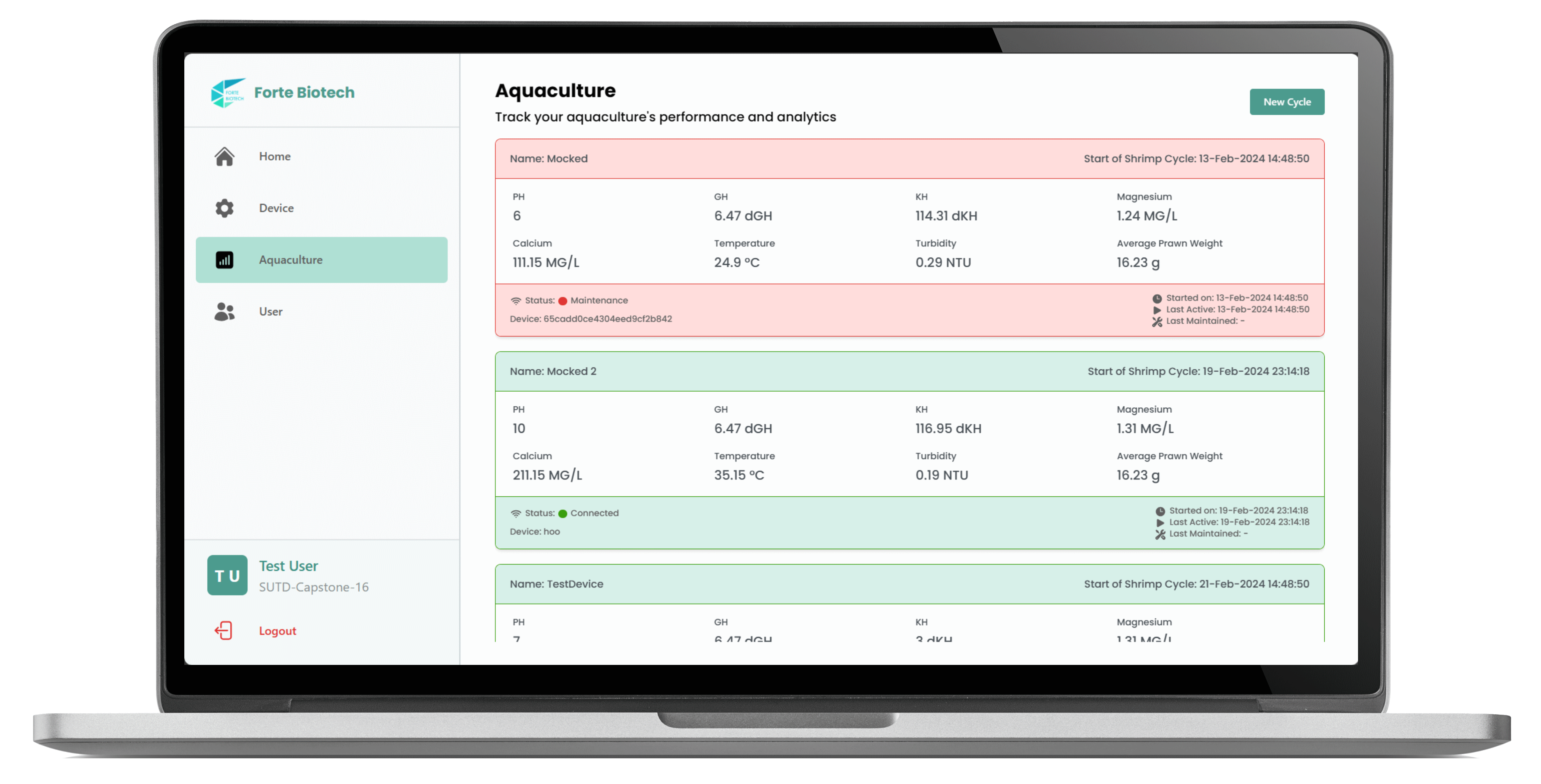 View all aquaculture cycles at a glance