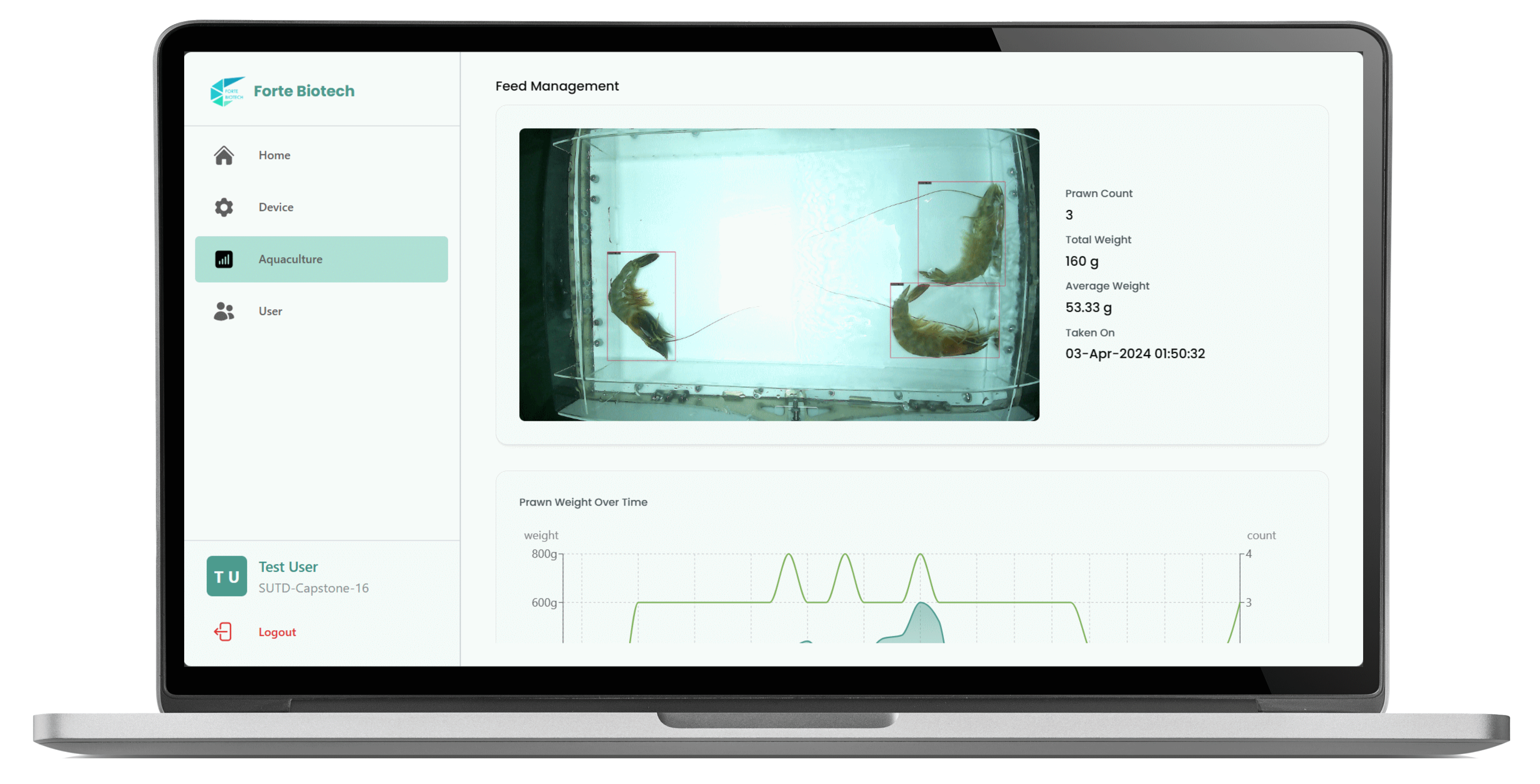 Obtain periodic updates on shrimp growth and count for each aquaculture cycle