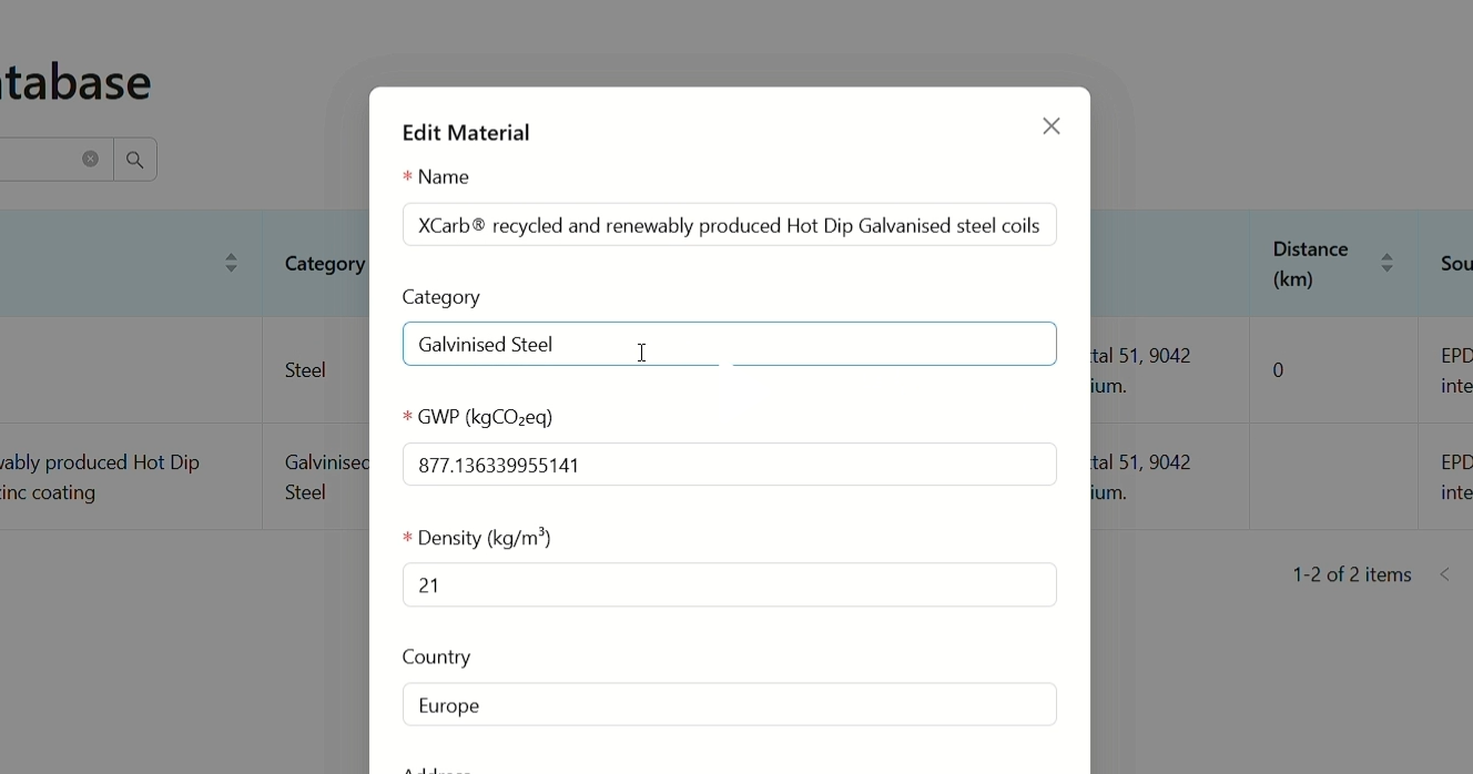Modal to edit material information
