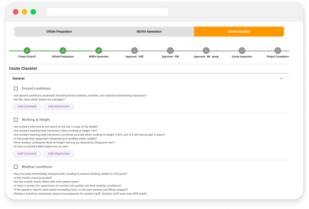 Manage Existing Project: Onsite Checklist