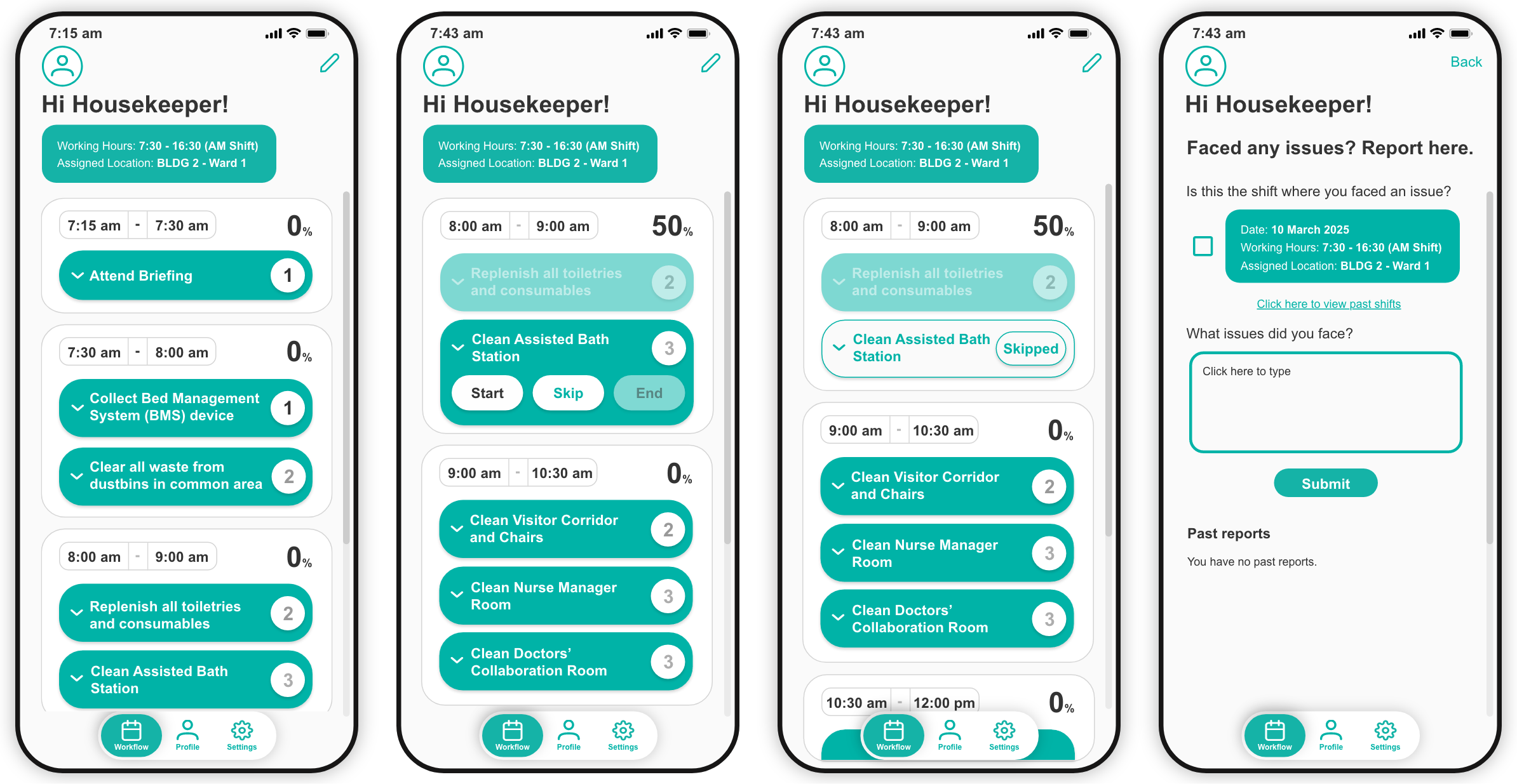 Mobile app interface for housekeepers displaying scheduled cleaning tasks, progress tracking, and issue reporting form.